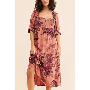 By Anthropologie Womens Pink Orange Floral Ruffle Puff Sleeve Midi Dress Large